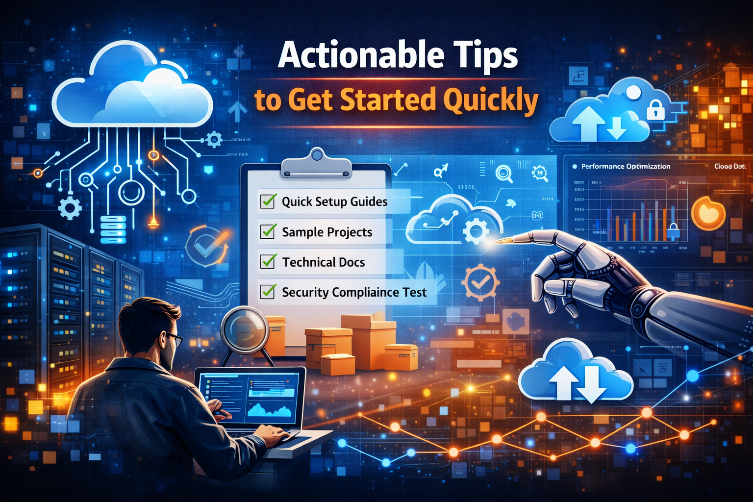 Illustration showing cloud setup checklist, developer working on laptop, automation tools, and performance dashboard representing Pub Cloud News Tech Development Kit setup and optimization strategies.