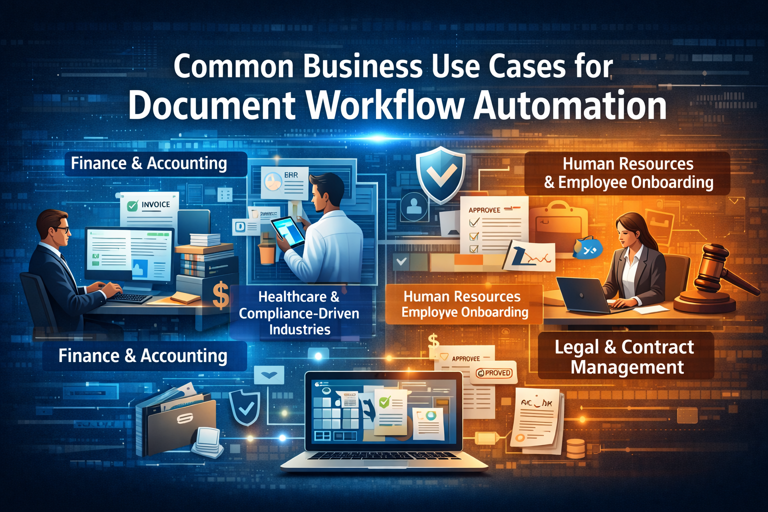 Common business use cases for Document Workflow Automation including finance, healthcare, HR onboarding, and legal contract management processes in a digital workflow environment.