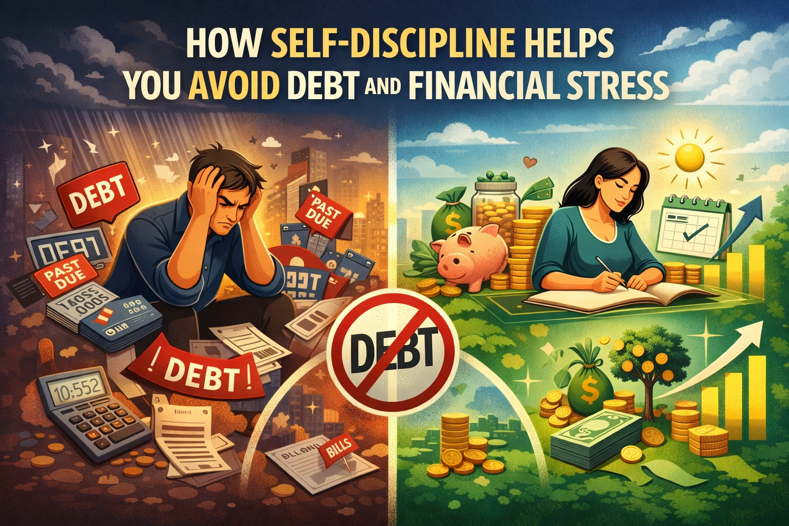 Feature image illustrating Why You Fail to Save Money Without Self-Discipline, showing debt stress, credit card pressure, and disciplined money management for financial security.