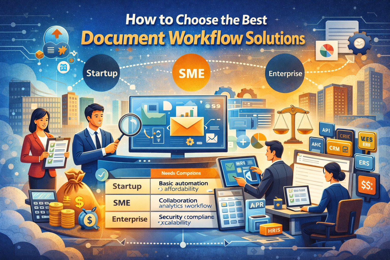 Business team evaluating Document Workflow Solutions software with automation, integration, and workflow management tools for startups, SMEs, and enterprise businesses.