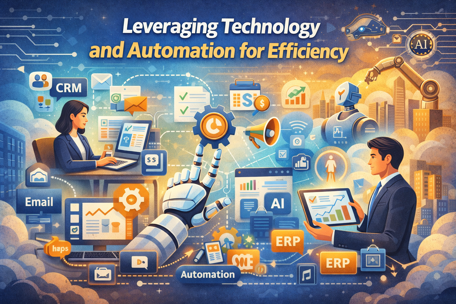 Entrepreneurs using technology and automation tools like CRM, AI analytics, and workflow automation to improve business efficiency and operational productivity.