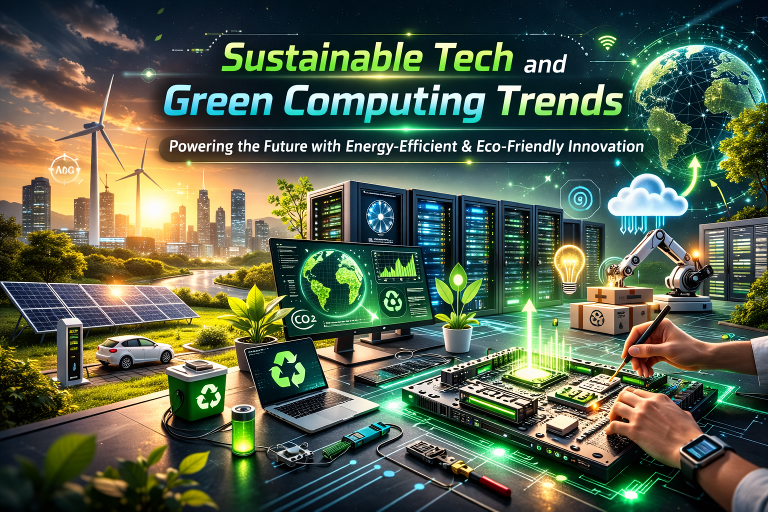 Futuristic sustainable technology concept showing green computing data centers, solar panels, wind turbines, and modular laptop hardware repair representing eco-friendly tech innovation and energy-efficient digital infrastructure.
