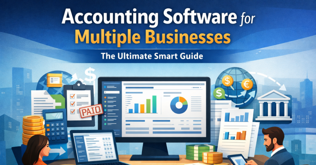 Accounting Software for Multiple Businesses dashboard showing consolidated financial reports, invoicing, expenses, and multi-entity accounting management.