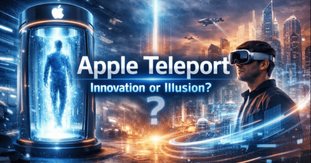 Apple Teleport feature image showing a futuristic teleportation pod and a person using Apple mixed reality headset, representing the myth vs reality debate of Apple Teleport technology.