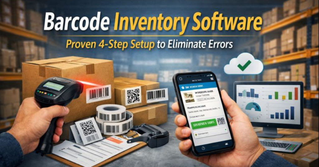 Barcode Inventory Software showing barcode scanning, mobile inventory app, warehouse stock tracking, and 4-step inventory management process.