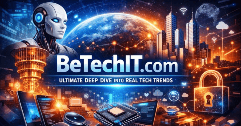BeTechIT.com feature image showcasing real tech trends, artificial intelligence, quantum computing, smart cities, cybersecurity, and modern consumer electronics in a futuristic digital technology environment.