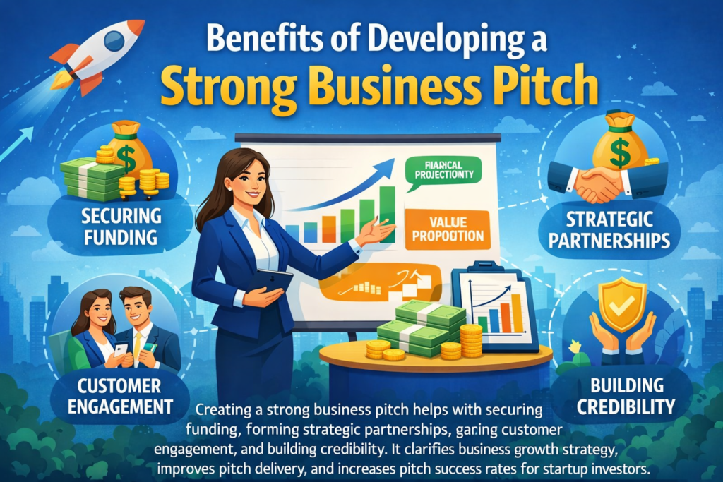 Entrepreneur presenting a strong business pitch to investors, showcasing charts, growth arrows, handshake for partnerships, and audience engagement, illustrating the benefits of developing a strong business pitch.
