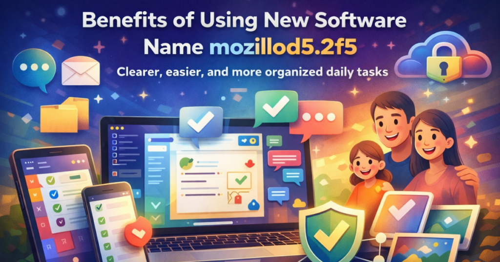 Illustration showing the benefits of New Software Name mozillod5.2f5 with a happy family, laptop, tablet, and smartphone, surrounded by icons for productivity, organization, collaboration, and security.