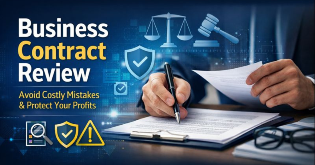 Business Contract Review concept showing a professional examining a contract with icons for legal protection, risk management, and compliance.