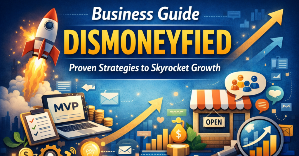 Feature image for the article 'Business Guide Dismoneyfied' showing a rocket launch, MVP laptop, small business storefront, and growth charts, representing smart, resource-efficient strategies for business growth.