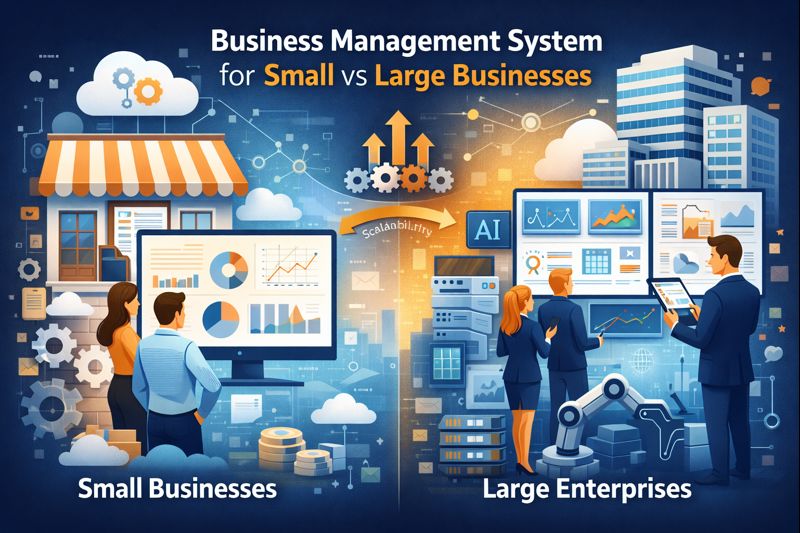 Business Management System for small vs large businesses illustration showing a small business with a cloud-based dashboard and a large enterprise with multiple interconnected dashboards, teams collaborating, and data analytics for scalable operations.
