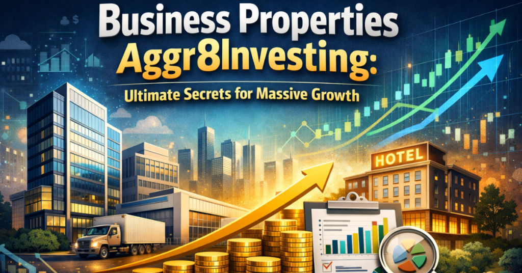 Business Properties Aggr8Investing feature image showing commercial real estate growth with office buildings, warehouse, hotel, and rising investment charts