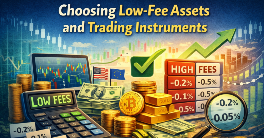 Illustration showing low-fee trading assets with charts, calculator, coins, and symbols for cost-efficient investing