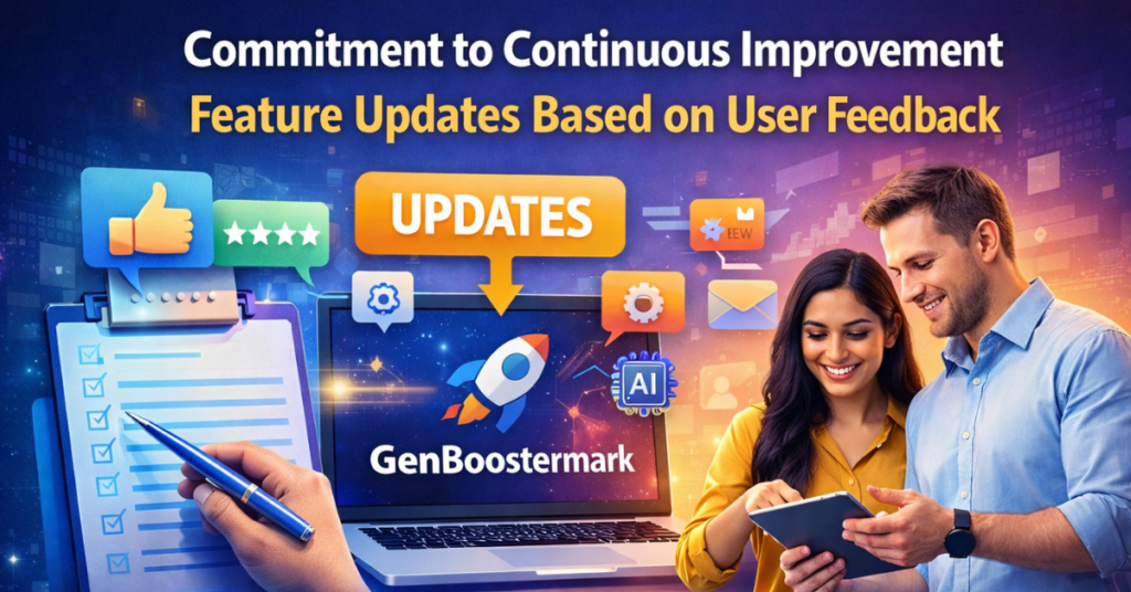 Commitment to continuous improvement in GenBoostermark software showing feature updates based on user feedback, AI tools, and workflow enhancements.
