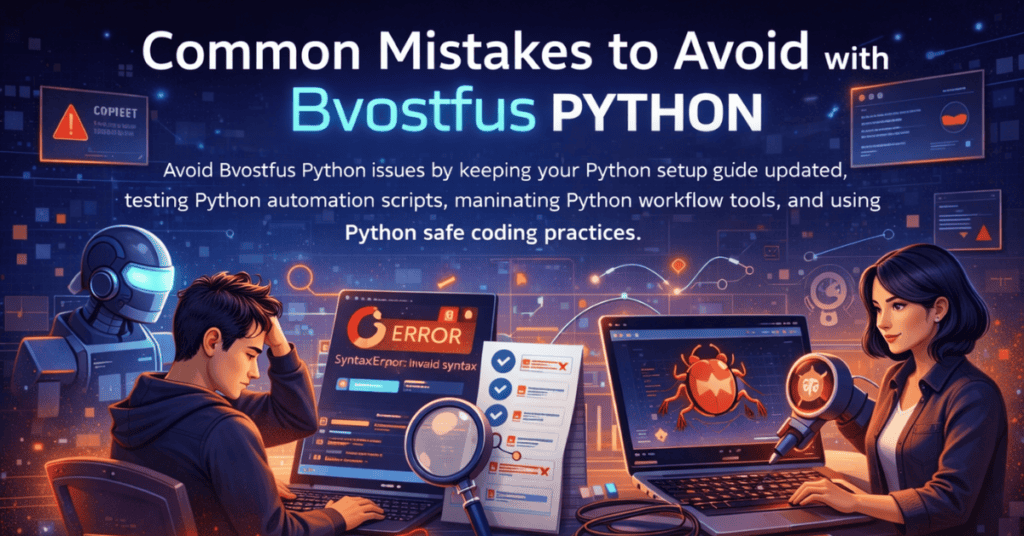 “Common mistakes to avoid with Bvostfus Python showing developers fixing Python errors, debugging automation scripts, identifying syntax errors, and applying safe coding practices in a futuristic programming environment.