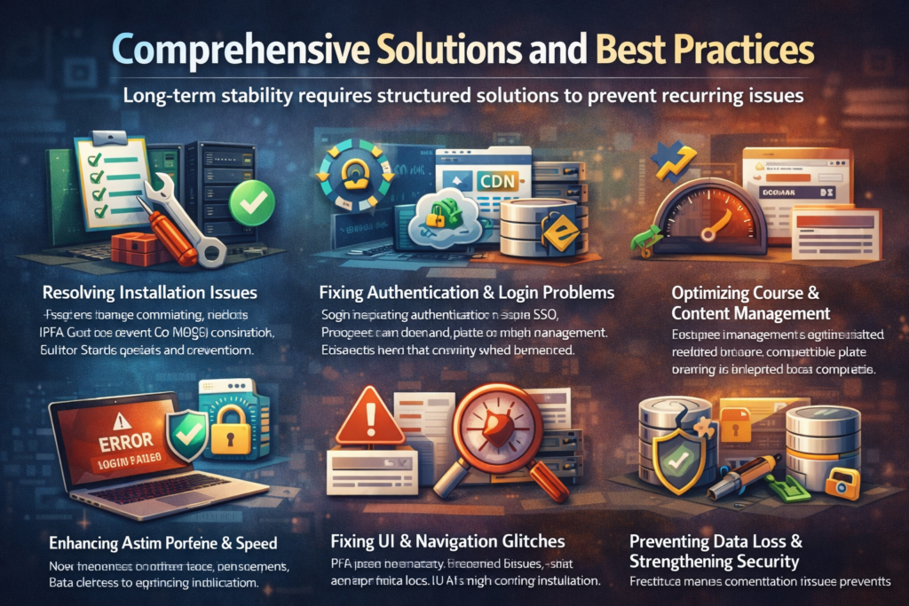 Comprehensive solutions and best practices visual showing system optimization, security, performance tuning, backups, and troubleshooting for long-term software stability.