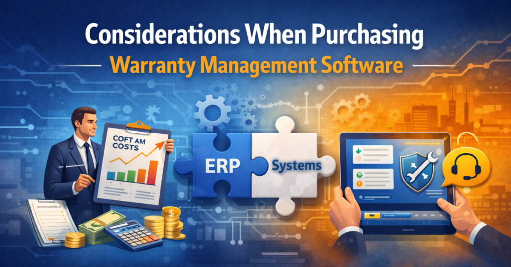 Considerations when purchasing Warranty Management Software showing cost and ROI analysis, ERP system integration, and vendor support features.