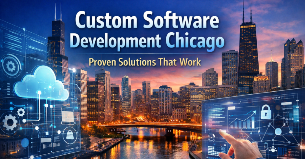 Custom Software Development Chicago feature image showing Chicago skyline with digital technology, cloud computing, and software innovation visuals.