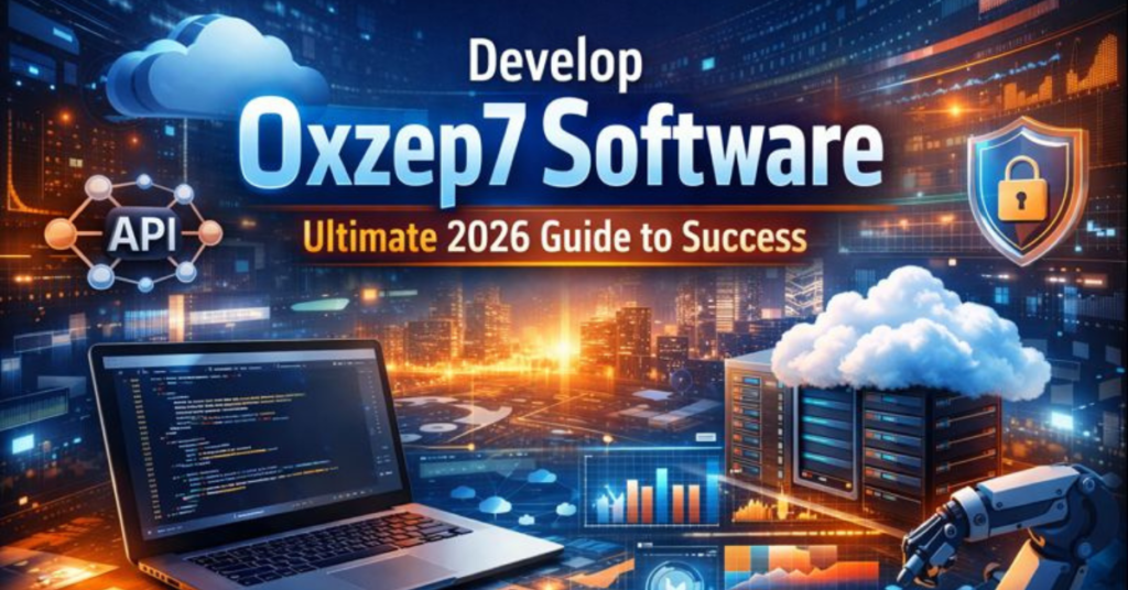Develop Oxzep7 Software concept showing modular architecture, cloud integration, real-time processing, and secure API connections in a futuristic digital workspace.
