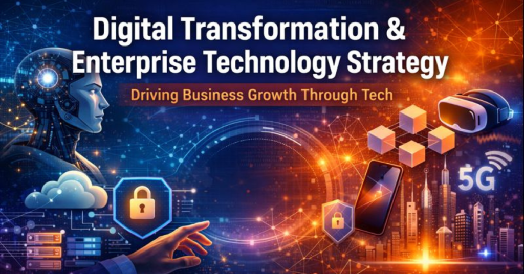 Digital transformation and enterprise technology strategy illustration showing AI, cloud computing, automation, and business growth.