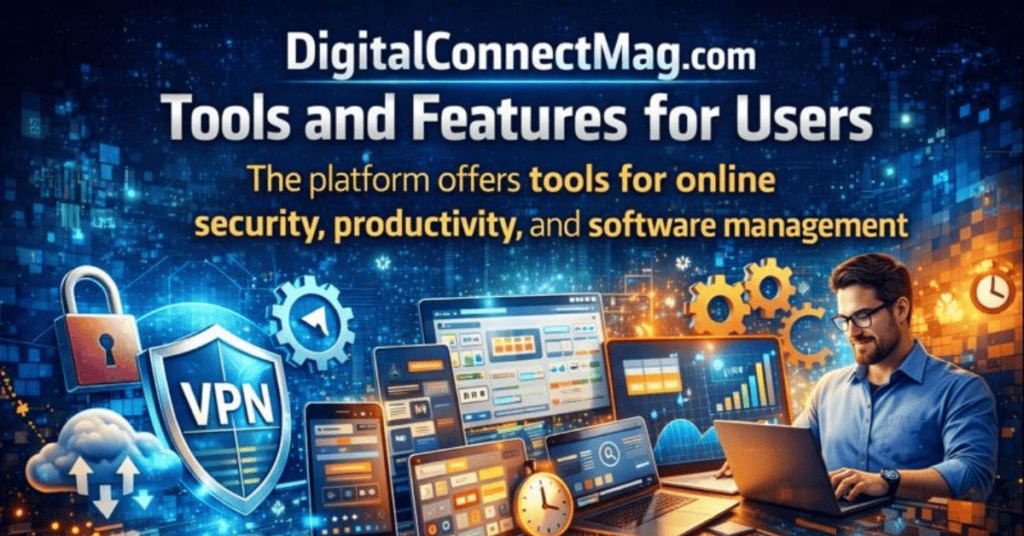 Digital illustration showing a modern workspace with laptops, tablets, and smartphones displaying productivity apps, VPN shield, cloud storage, padlock, and gear icons, representing online security, productivity, and software management tools for users.