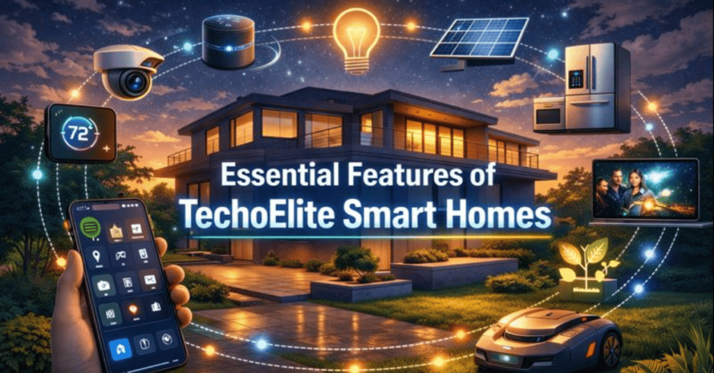 Essential features of TechoElite smart homes showing centralized control, home automation, security, energy efficiency, and smart appliances.