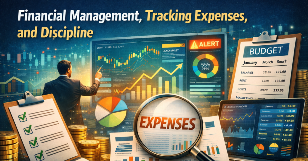 Financial management feature image showing expense tracking, budget planning, and disciplined trading finance dashboards