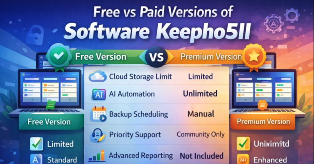 Free vs paid versions of Software Keepho5ll comparison showing cloud storage, AI automation, backup scheduling, priority support, and advanced reporting features (16:9 feature image)