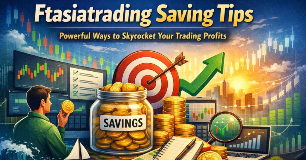 Ftasiatrading saving tips visual showing a trader analyzing charts, savings jar, and profit growth symbols on trading screens.