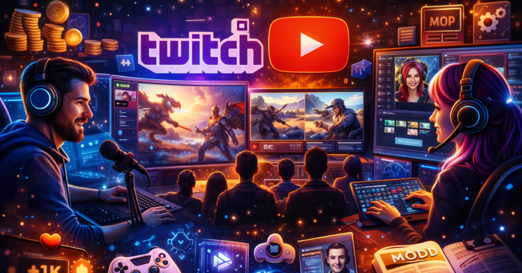 Game streaming and content creation scene showing live gameplay on Twitch and YouTube Gaming, streamers using headsets and microphones, audience engagement, tutorials and guides, representing modern gaming streaming culture in 16:9 format.