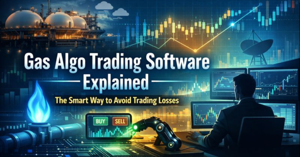 Gas Algo Trading Software feature image showing automated natural gas trading charts, AI-driven algorithms, and real-time market analysis on digital screens.