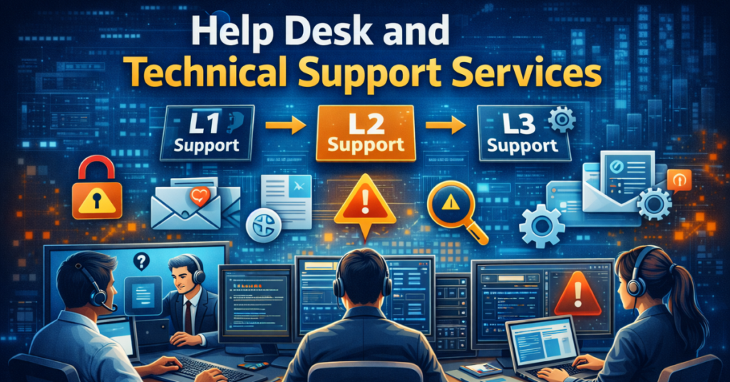 Feature image showing Help Desk and Technical Support Services with IT support agents at computers, illustrating L1, L2, and L3 support levels, troubleshooting, and technical problem resolution.