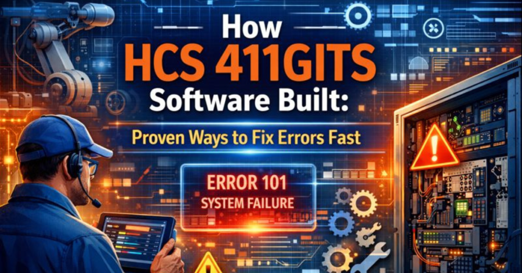 How HCS 411GITS Software Built: Technician analyzing system errors on a tablet with futuristic dashboard, error codes, and hardware-software communication icons in a high-tech environment.