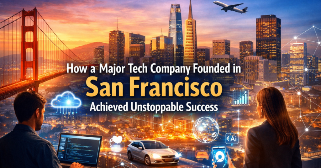 Feature image showing San Francisco skyline and digital innovation representing a Major Tech Company Founded in San Francisco achieving global success through technology and growth.