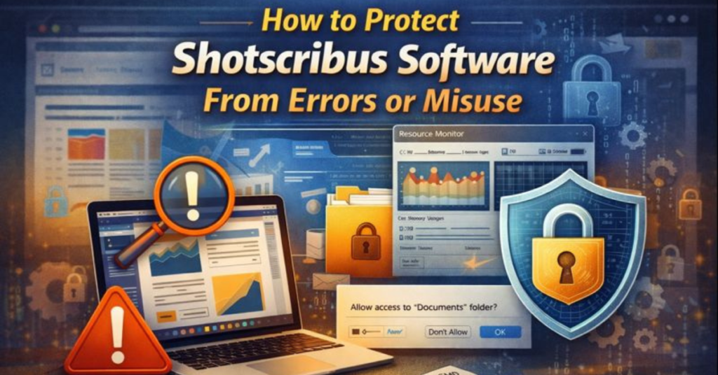 How to Protect Shotscribus Software from errors or misuse, showing security shields, warning icons, system alerts, and software monitoring dashboards.