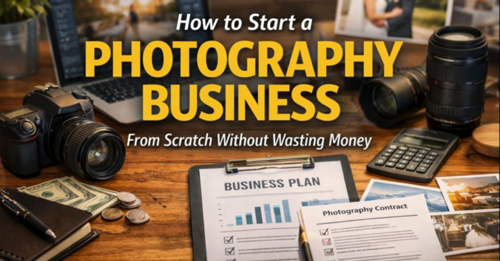 How to Start a Photography Business from scratch without wasting money, featuring a camera, laptop, business plan, and photography equipment on a work desk