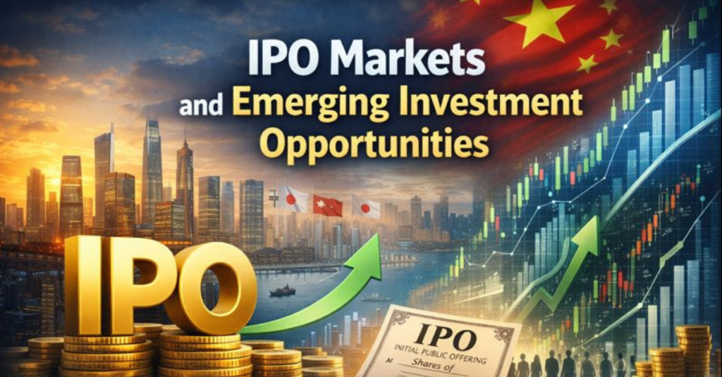 Asian IPO markets illustration showing stock exchange data, regulatory symbols, ESG compliance, and emerging investment opportunities across Asia.