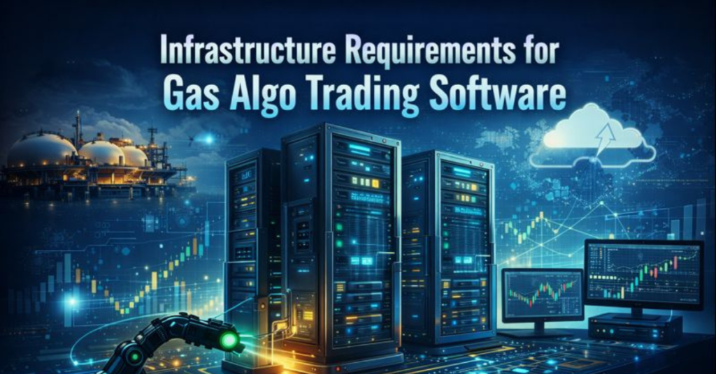 Gas Algo Trading Software infrastructure showing cloud VPS servers, low-latency trading systems, and real-time natural gas market data dashboards.