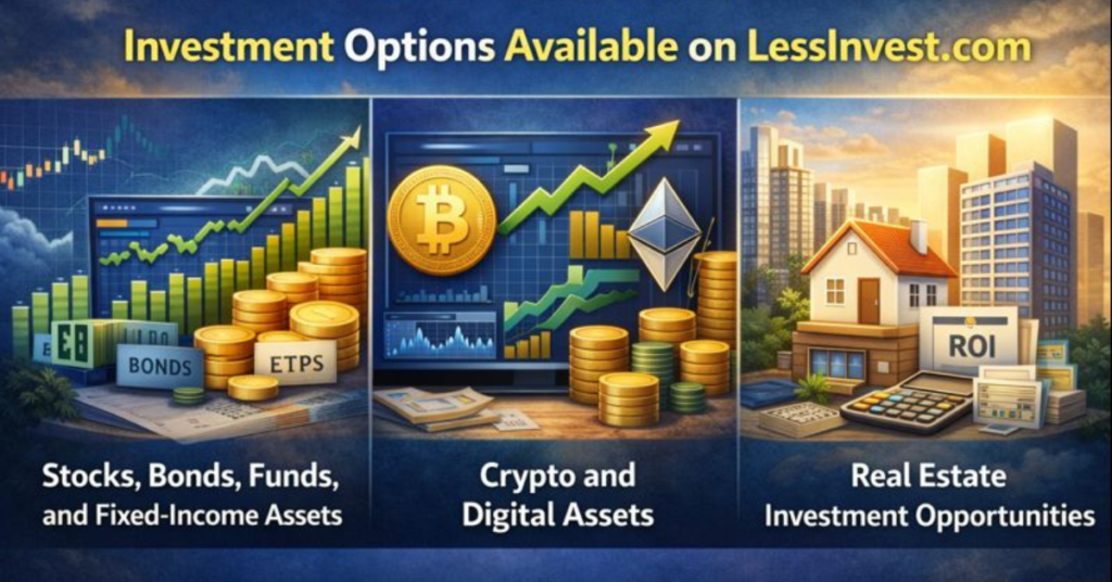 Investment Options Available on LessInvest.com feature image showing diversified investing including stocks, bonds, ETFs, crypto assets like Bitcoin and Ethereum, and real estate opportunities with growth charts, ROI analysis, and long-term portfolio diversification concept.