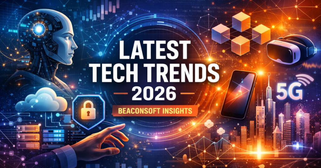 Latest Tech Info BeaconSoft feature image showing AI, cloud computing, cybersecurity, mobile apps, and future technology trends in a modern digital landscape.