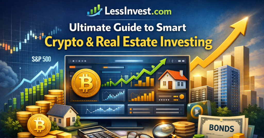 LessInvest .com feature image showing smart investing in crypto, stocks, and real estate with market charts, Bitcoin, property icons, and portfolio growth analytics.