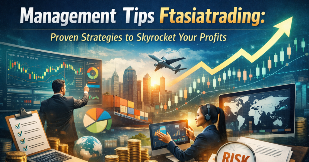 Management Tips Ftasiatrading feature image showing global trading charts, profit growth arrows, risk analysis, and professional traders using digital dashboards.