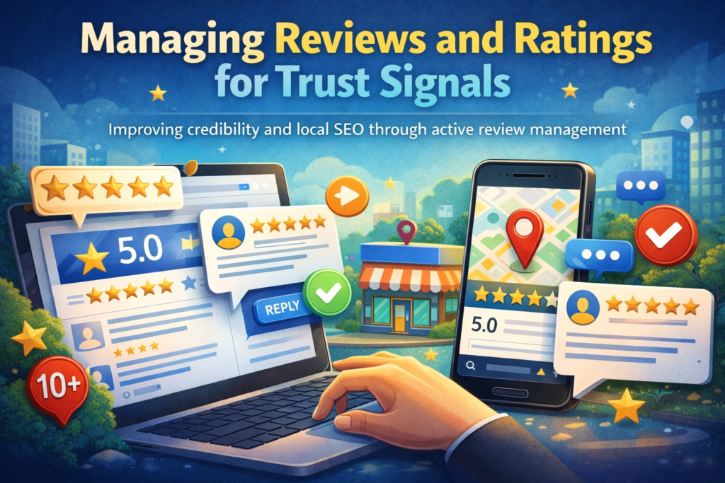 Feature image for 'Managing Reviews and Ratings for Trust Signals' showing 5-star ratings, review bubbles, a business profile dashboard, and a person responding to reviews, illustrating trust and local SEO engagement.
