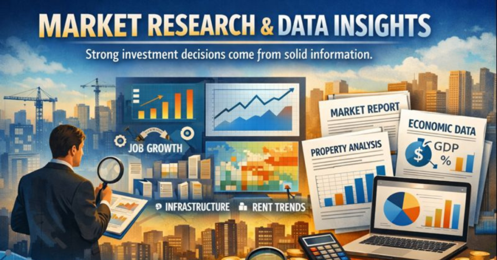 Market research and data insights illustration showing an investor analyzing economic data, job growth charts, infrastructure development, rent trends, property reports, and financial graphs to support informed investment decisions.