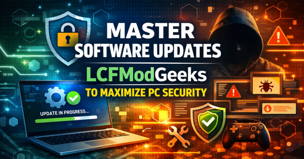 Illustration of a computer receiving software updates with shields and gears, representing enhanced security and performance by Software Updates LCFModGeeks.