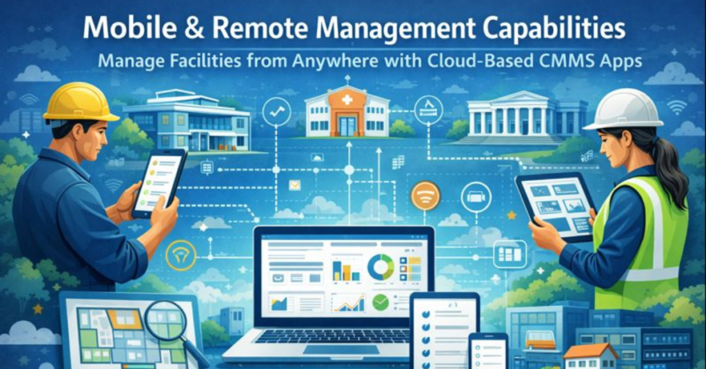 Cloud Based Facility Management Software showing mobile and remote management, with technicians using tablets and smartphones to update maintenance tasks, track equipment, and access dashboards across multiple facilities.