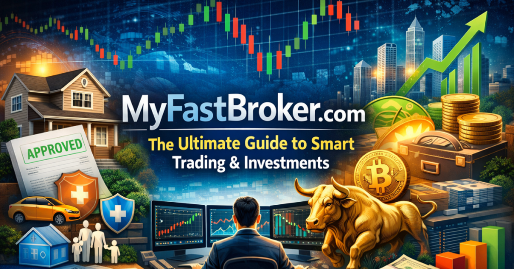 MyFastBroker .com feature image showing smart trading, investments, stock charts, crypto, home loans, insurance, and financial growth concepts on a modern digital platform.