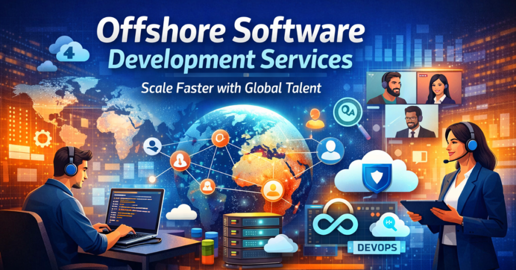 Offshore Software Development Services feature image showing global software teams, cloud technology, DevOps processes, and remote collaboration across world regions.