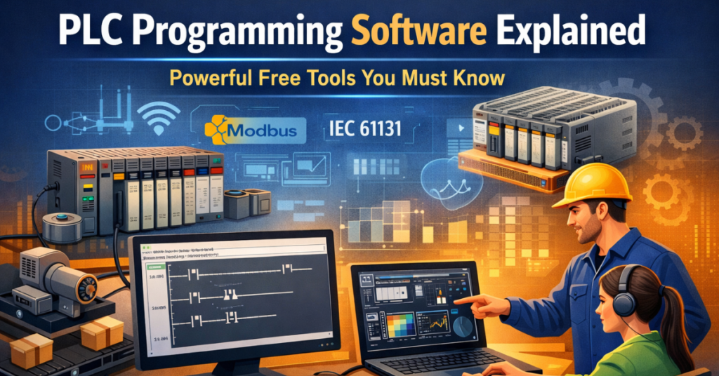 PLC Programming Software in action: engineer and student using computers with ladder logic and function block diagrams, connected to PLC controllers and industrial automation equipment.