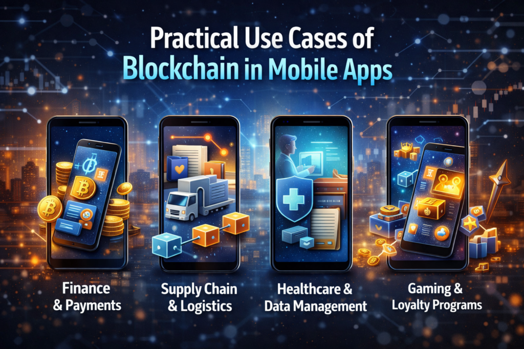 Practical use cases of Blockchain Mobile App Development showing finance and payments, supply chain logistics, healthcare data management, and gaming applications.